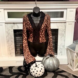 Leopard Print Cardigan with Black Lace Trim